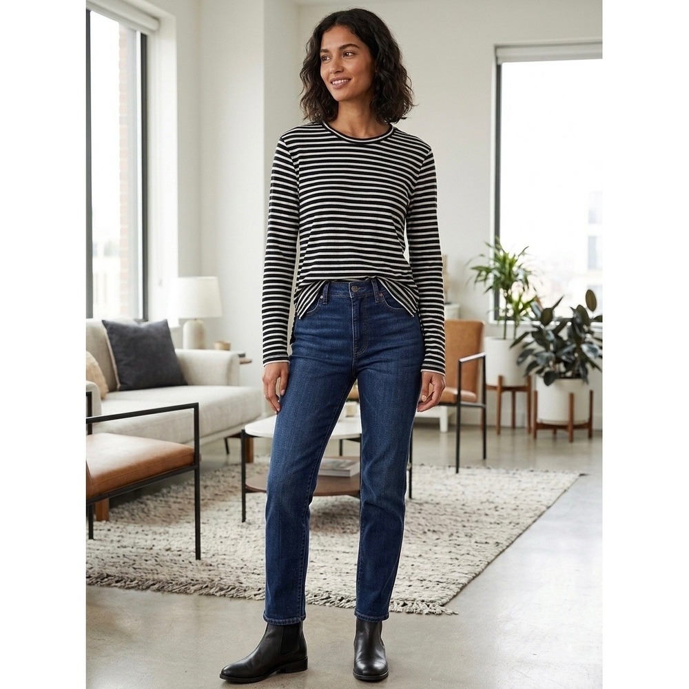 Reiss Womens Black White Striped Long Sleeve Cotton Crew Neck Top XS